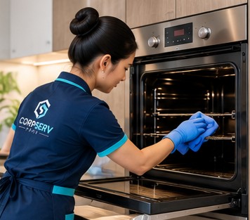 Personal de CORPSERV limpiando el interior del horno